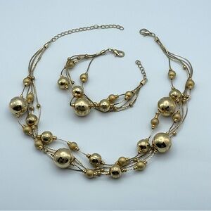 Elegant Gold Tone Multi-Strand Beaded Necklace & Bracelet Set Adjustable